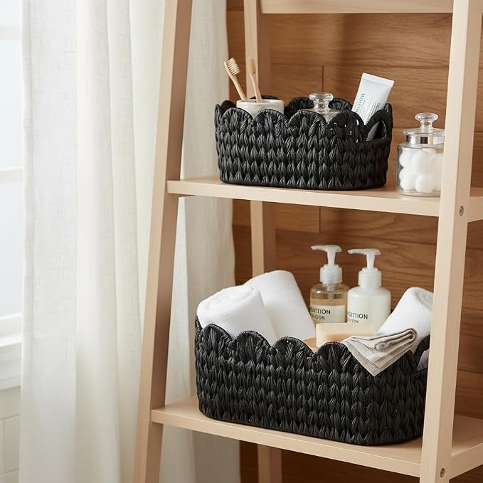 Coeusy Wicker Scalloped Basket Set of 2,Woven Storage Baskets for Shelves,Closet,Laundry,Gift,Towels,Books,Toys,Waterproof Decor Basket for Organizing,Black Oval - Image 2