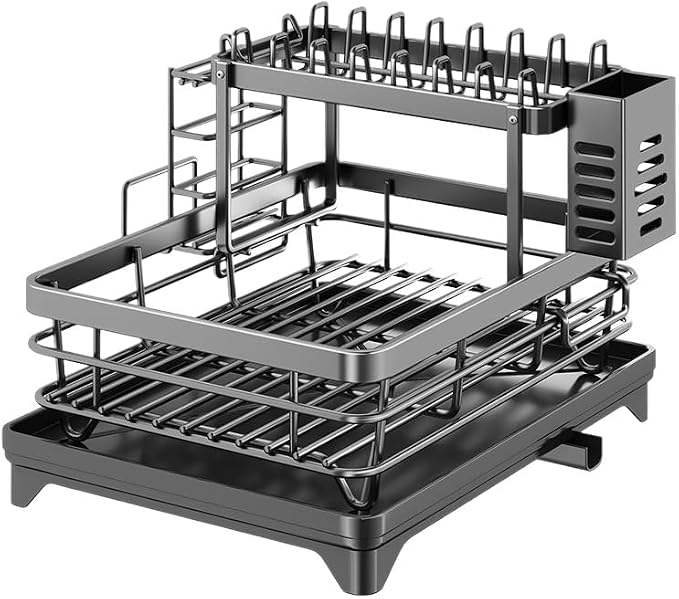 2-Tier 304 Stainless Steel Dish Drying Rack for Kitchen Counter, Gray | Dish rack separates plates, bowls, cups and utensils, while side drainage directs water toward the sink. by Unknown