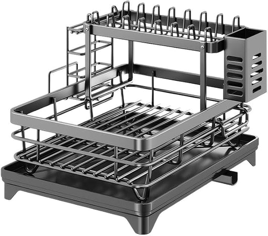 2-Tier 304 Stainless Steel Dish Drying Rack for Kitchen Counter, Gray | Dish rack separates plates, bowls, cups and utensils, while side drainage directs water toward the sink. by Unknown