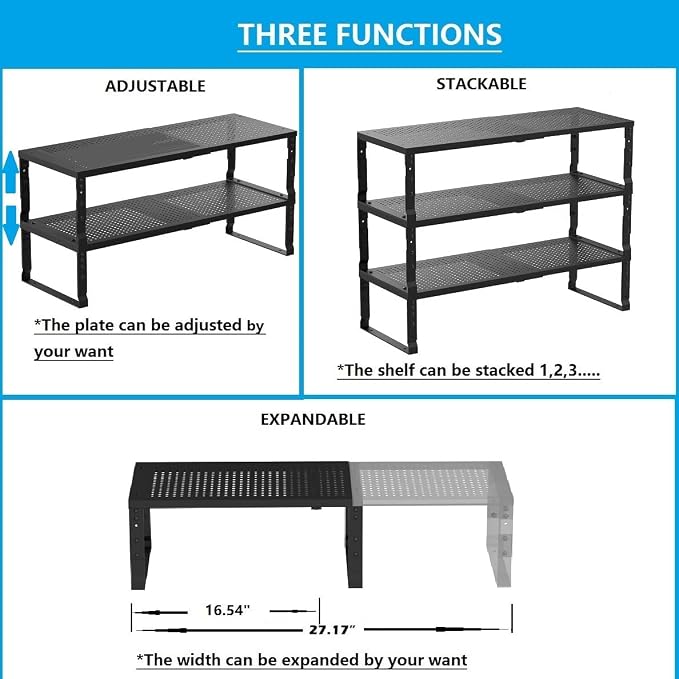 Expandable,Adjustable & Stackable Spice Rack, Cabinet Kitchen Countertop Shelf Organizer,Metal Pantry Storage Shelves - Space-Saving Storage Solution(1Pack/Black/Medium) - Image 4