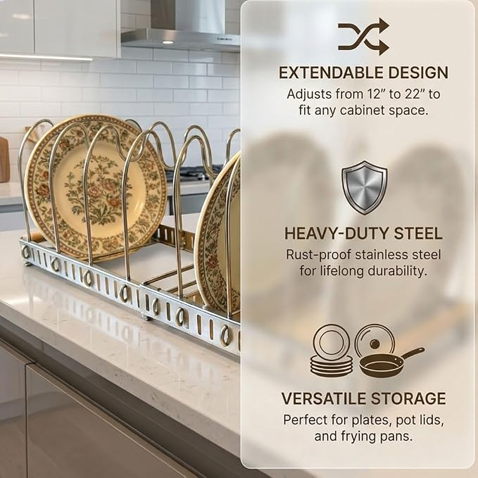 Stainless Steel Expandable Pot and Pats Organizer for Kitchen, Expandable Cookware Rack for Cutting Boards, Lids, Plate, Bowls, 304 SS 10 Adjustable Dividers Expanded Size 22.64" Lx7.28 Wx7.68 H - Image 6