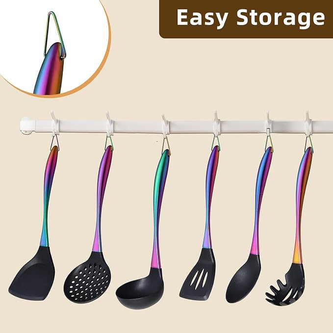 Silicone Cooking Utensil Set,6 pcs Silicone Cooking Kitchen Utensils Set,Non-stick Kitchen Cookware Titanium Stainless Steel Handle with Utensil Holder,Spatula Set for Cooking-Rainbow Color - Image 6