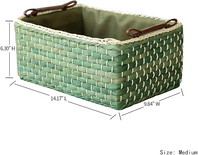 Baskets Woven Maize Straw Storage Bins with Handle (Medium, Green) - Image 2
