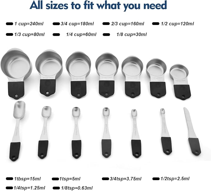 Magnetic Measuring Cups Set, 7 Pieces 18/8 Stainless Steel Stackable Nesting Heavy Duty Metal Measure Cups, Color Silicone Handle Kitchen Tools for Dry and Liquid Ingredients (14, Black) - Image 7