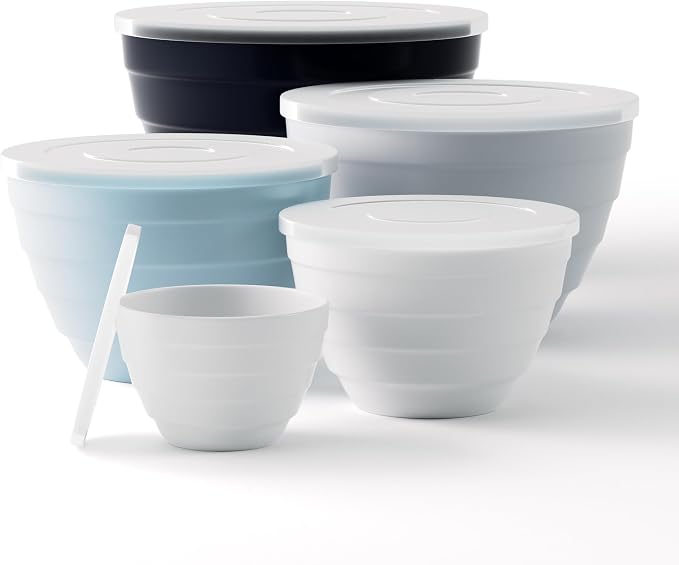TP Mixing Bowls with Lids, 10-Piece Nesting Melamine Bowls Set for Prepping Serving Baking Cooking, Non Slip Bottom, Set of 5, Blue and White by TastePrime