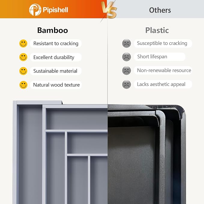 Pipishell Bamboo Expandable Drawer Organizer for Utensils Holder, Adjustable Cutlery Tray, Wood Drawer Dividers Organizer for Silverware, Flatware, Knives in Kitchen, Bedroom, Living Room(Grey) - Image 6