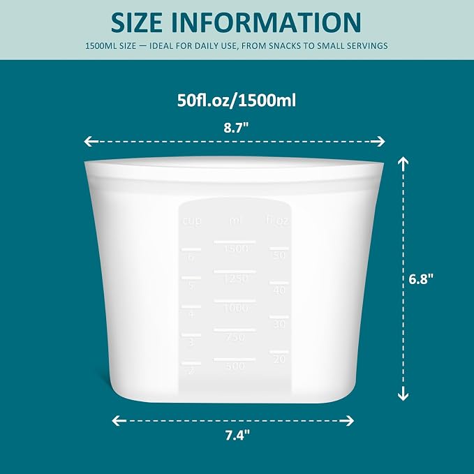 Small Reusable Silicone Food Storage Bags 4 Pack, 51fl oz/1500ml, 100% Silicone Stand-Up Wide-Open Zip-Lock Reusable Bags for Small Items, Microwave Freezer Oven Dishwasher Safe, Translucent - Image 6