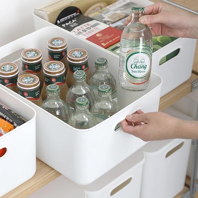 6 Piece Plastic Storage Baskets Boxes with Lids, 11.8x8x4.7 Inch Stackable Organizing Bins with Handles, White Versatile Containers for Pantry, Bathroom, Closet Shelves Desktop (White, 6M) - Image 3