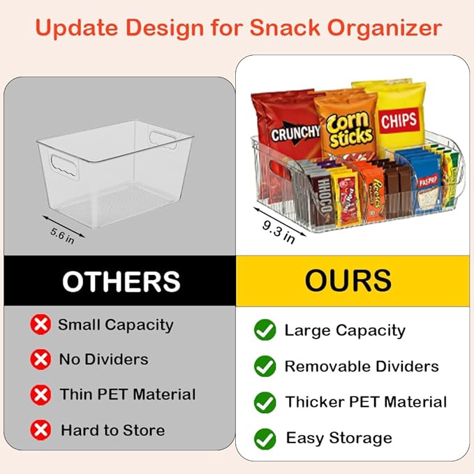 Large Snack Organizer for Countertop, Clear Snack Storage Bin | 13.7"×9.3"×6" for Kitchen Pantry, 6 Compartment Plastic Snack Bar with Dividers for Cabinet, Chip Packet Holder for Office - Image 4