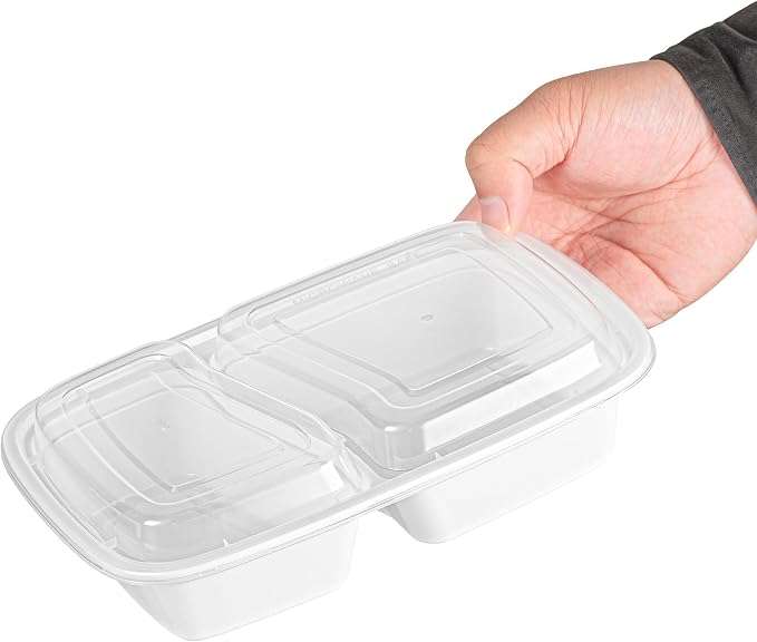 Asporto 32 Ounce Compartment Take Out Boxes, 50 Microwavable Meal Prep Containers - 2 Compartments, With Clear Plastic Lids, White Plastic Food Containers, Do Not Contain BPA - Restaurantware - Image 11