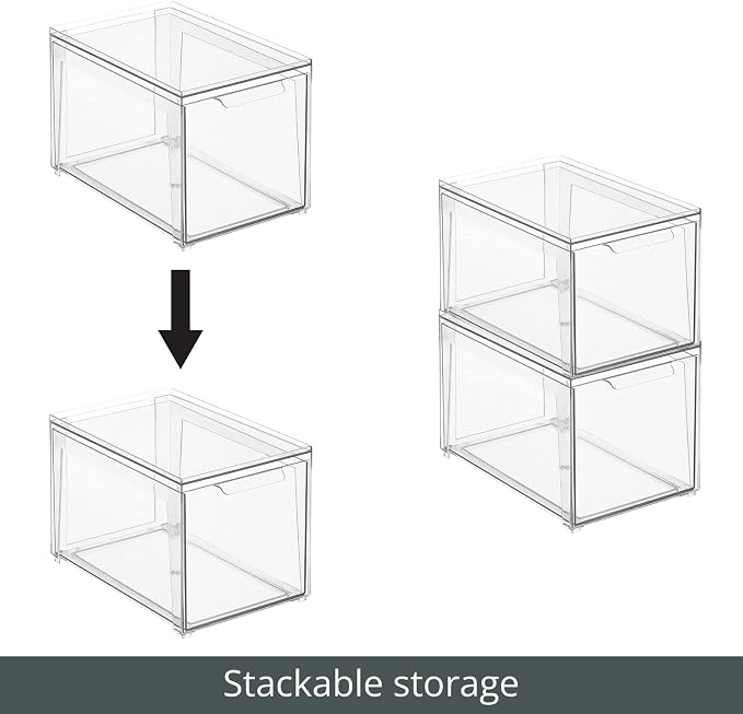 mDesign Plastic Stackable Closet Storage Organizer Bins with Pull Out Drawer for Cabinet, Desk, Shelf, Cupboard, or Dresser Organization - Lumiere Collection - 4 Pack - Clear - Image 6