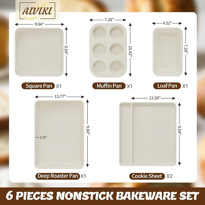 Baking Pans Set, Nonstick Bakeware Sets, Oven Pans for Cooking, AIVIKI 6 Pieces Baking Set Including Cookie Sheet, Deep Roaster Pan, Square Pan, Loaf Pan, Muffin Pan, Carbon Steel Baking Set - Image 2