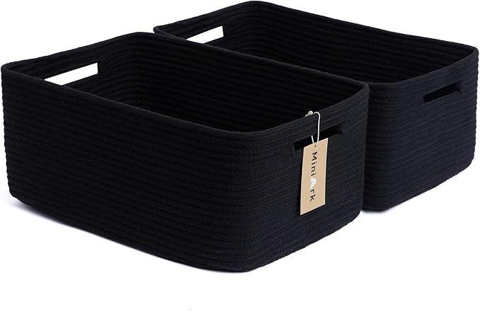 MiniArk Large Storage Baskets for Shelves, 17 x 13 x 7.5” Closet Organizers Bins for Clothes Blanket Towels, Baby Nursery, Toy Baskets Box, Woven Rope Baskets, 2 Packs Black by MiniArkStorageBasketsHome