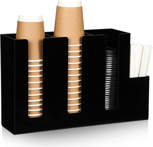 4 Compartments Acrylic Coffee Cup and Lid Storage Organizer Holder Disposable Paper Cup Dispenser Organizer Plastic Lid Holder Accessories for Kitchen Bar Shop Party Supplies(Black) by Cunhill
