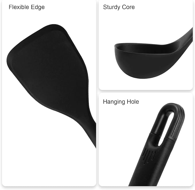 Silicone Kitchen Cooking Utensils Set: MOACC Heat Resistant 13inch Long Kitchen Gadgets, BPA Free Non Stick Rubber Cook Accessories For Food Prep, Frying, Serving, Basting (Black) - Image 6