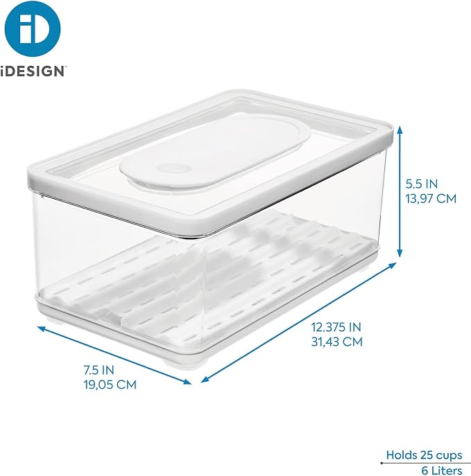 iDesign Large Fridge Produce Bin, Clear/White | Removable Drainage Tray, With Lid - Image 6