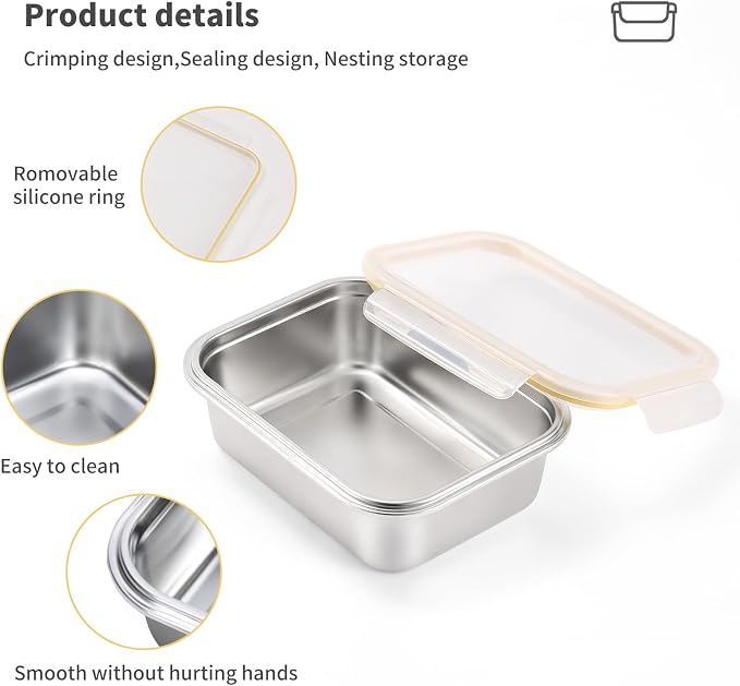 18/8 Stainless Steel Food Storage Containers, Meal Preparation Container Set, Baking Pan, Leak Proof Stackable Light and Easy Storage, Metal Set of 5 (2PC 21oz/2PC 43oz/1PC 169oz) - Image 5