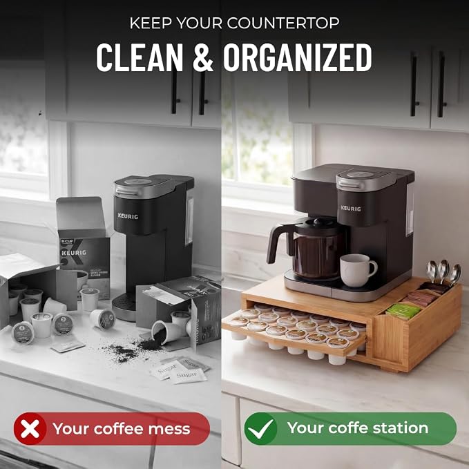 Bamboo Keurig Pod Organizer, Large 36 K-Cup Capacity Aesthetic Under Machine K-Cup Storage Drawer, Space-Saving Keurig Stand With Storage, 3 Slots For Tea & Spoons, Fits Keurig Brewers - Image 4