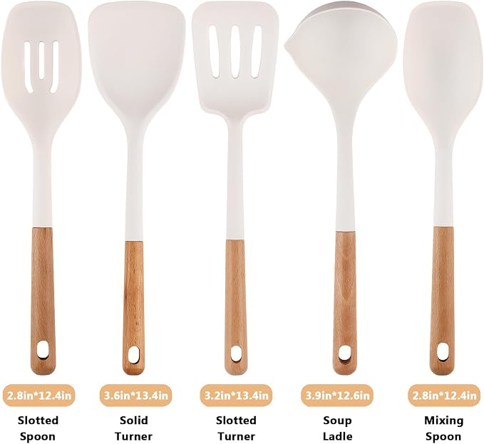 Silicone Cooking Utensils Set 5 Pcs Large Non-Stick Kitchen Utensils Set, Wooden Handle Heat Resistance Turner Soup Ladle Spoon Silicone Cooking Kitchen Gadgets BPA Free for Nonstick Cookware - Image 3