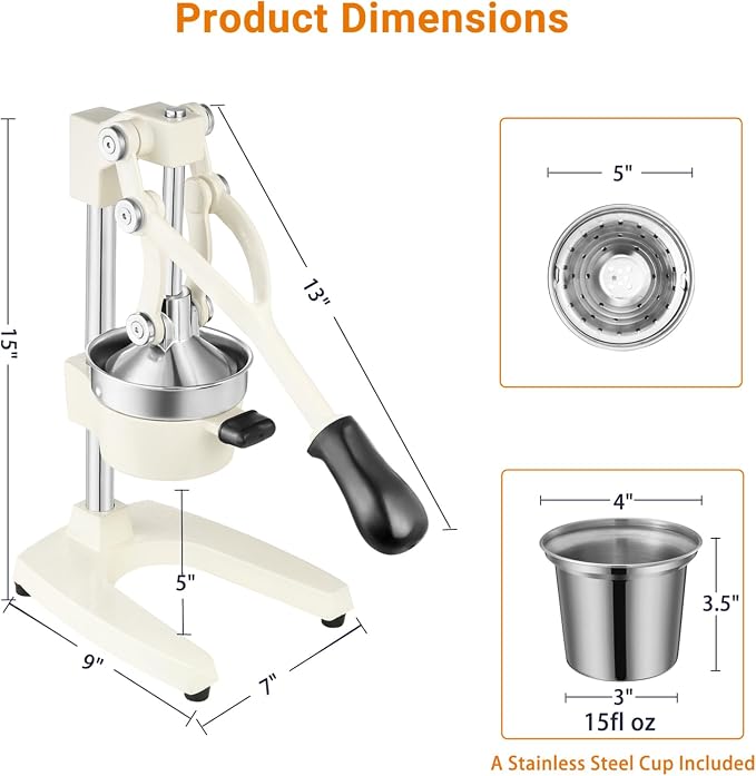 TONGCHANT Cast Iron Manual Juicer for Orange Lemon Lime Pomegranate &Citrus | Heavy Duty Orange Juicer Squeezer, Hand Press Juicer, Citrus Press, Stainless Steel Cup, Easy to Clean, White - Image 4