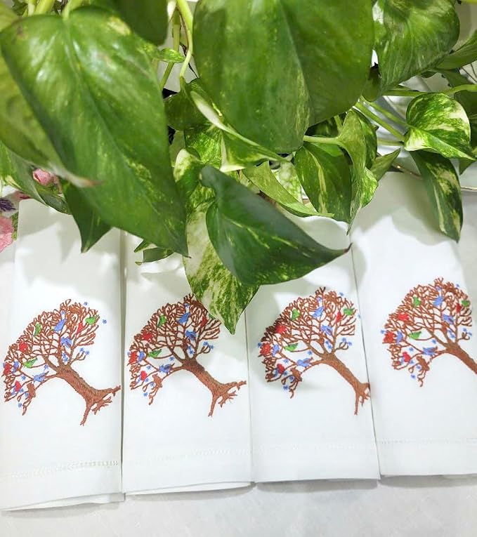 Embroidered Cotton Napkins with Tree of Life and Birds. Set of 6, 18"x18" White Table Napkins, Hemstitch Dinner, Party Napkins for Daily & Holidays, Events - Image 5