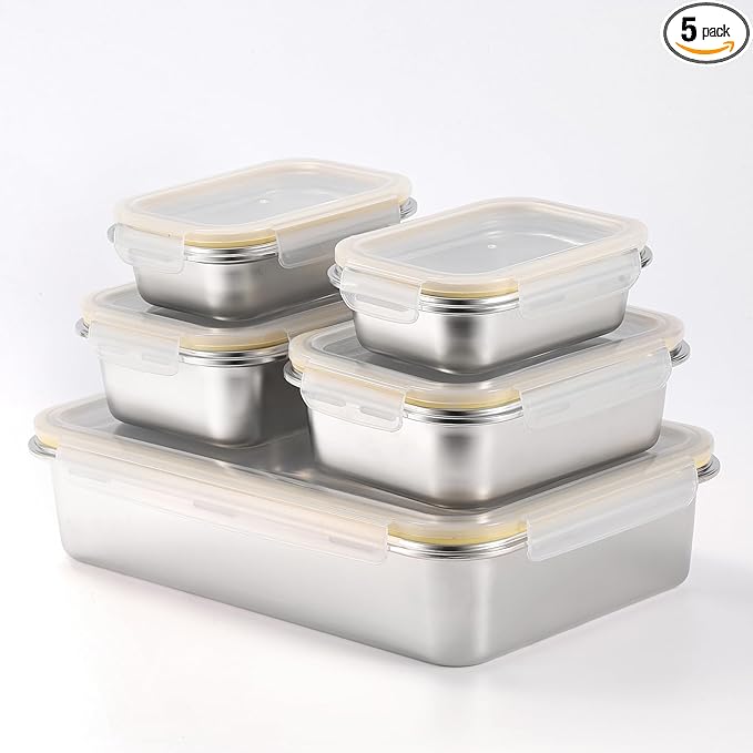 18/8 Stainless Steel Food Storage Containers, Meal Preparation Container Set, Baking Pan, Leak Proof Stackable Light and Easy Storage, Metal Set of 5 (2PC 21oz/2PC 43oz/1PC 169oz) by GEEJA
