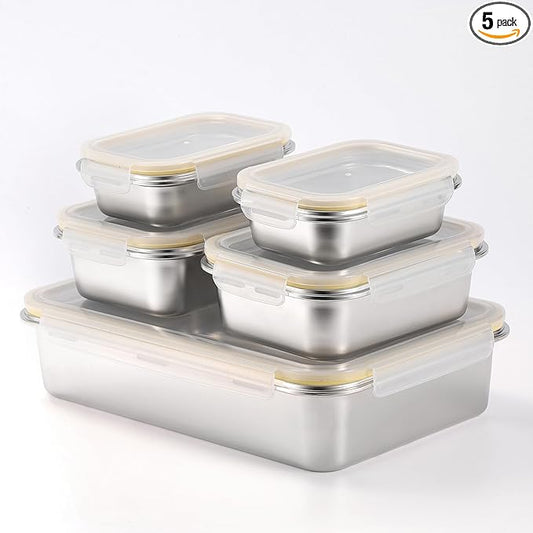 18/8 Stainless Steel Food Storage Containers, Meal Preparation Container Set, Baking Pan, Leak Proof Stackable Light and Easy Storage, Metal Set of 5 (2PC 21oz/2PC 43oz/1PC 169oz) by GEEJA