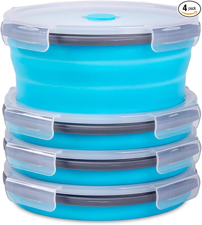 Collapsible Food Storage Containers with Airtight Lid & Vent, 40.5 oz, Kitchen Stacking Silicone Collapsible Meal Container Set for Leftover, Microwave Freezer Dishwasher Safe, Blue Round, Set of 4 by Annaklin
