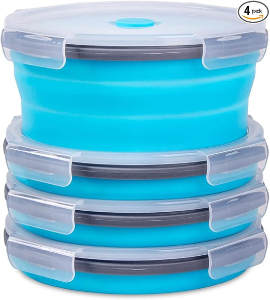 Collapsible Food Storage Containers with Airtight Lid & Vent, 40.5 oz, Kitchen Stacking Silicone Collapsible Meal Container Set for Leftover, Microwave Freezer Dishwasher Safe, Blue Round, Set of 4 by Annaklin