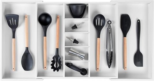 Utensil & Junk Drawer Organizer, 19-33 in, White Bamboo | Food-safe contract grade, 100% sustainable wood, non-slip, adjustable by KitchenEdge