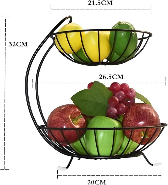 2-TierFruit & Vegetable Basket for Dining Table, Centre Table I Metal Fruit Bowl or Bread Basket Vegetables Storage Organizer Holder I Multi-Purpose Basket for Kitchen & Home, Black - Image 3