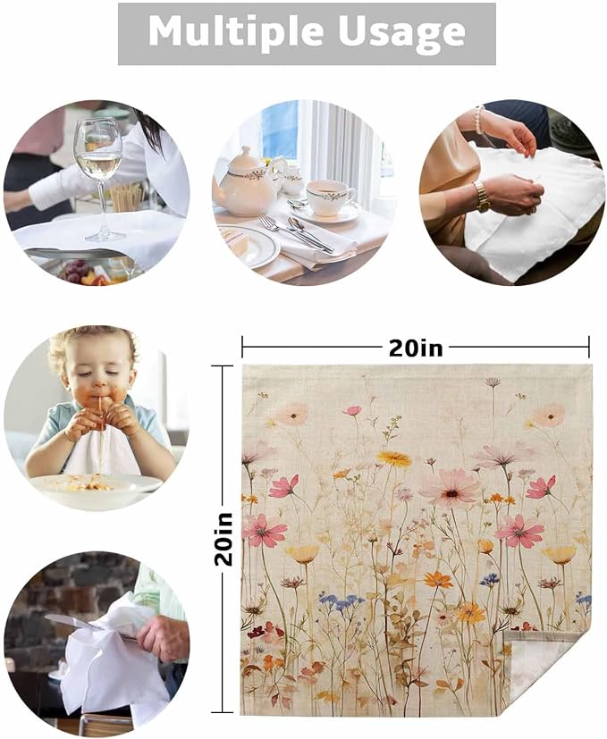 Botanical Wildflower Cloth Napkins Set of 4 - Washable Dinner Napkins Reusable Table Napkins for Home Party Weeding Dining Table Setting Decoration, Oversized 20"x20" Retro Colored Spring Floral Herb - Image 5