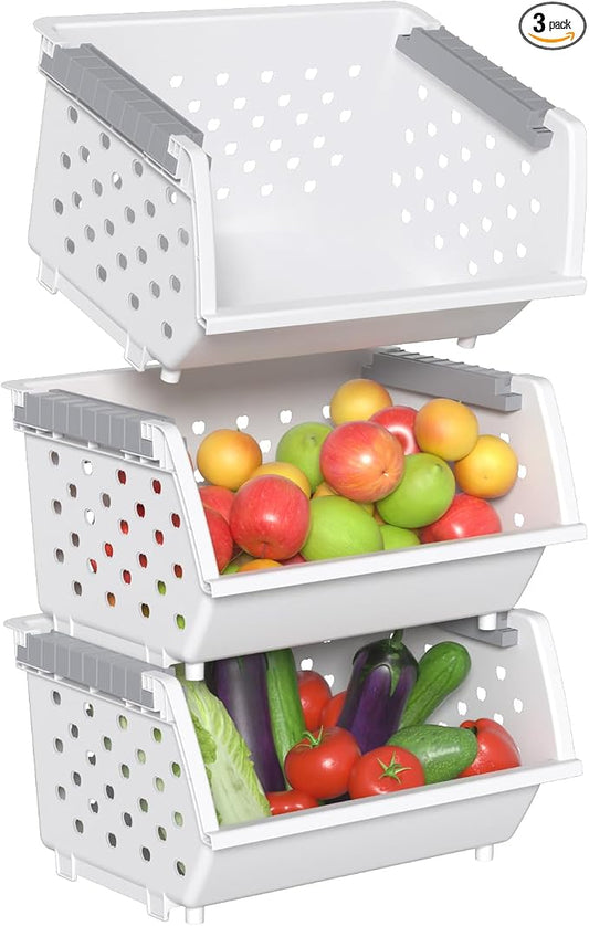 Stackable Storage Bins, Open Front for Pantry Storage, 3 Pack | Plastic Kitchen Organizer Basket, Open Front Access, Stacking Bins for Snacks, Produce and Pantry Items, White by Parlynies