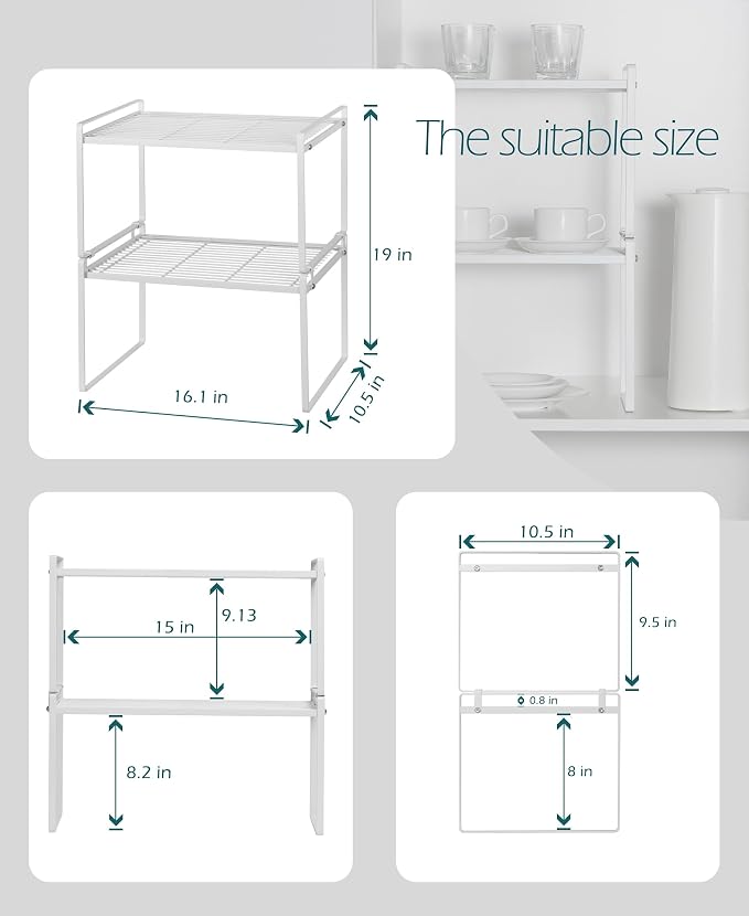 Shantton Cabinet Shelf Organizer, Pantry Shelf Rack, White 16.1x10.6x9.5 | 2-Pack Stackable Metal Riser Holds 40LBS with Non-Slip Feet for Kitchen Pantry Bathroom Countertop Freezer Cupboard - Image 3
