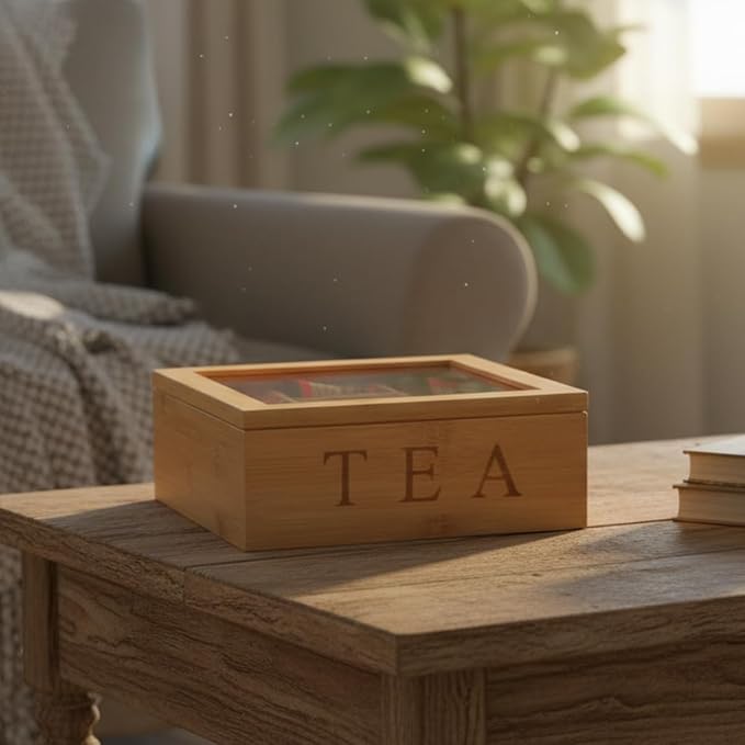 Tea Box Organizer,Bamboo Tea Box Organizer Storage Box,Wooden Teas Bag Storage with 9 Compartments and Clear Glass Cover for Home Office Gift - Image 12