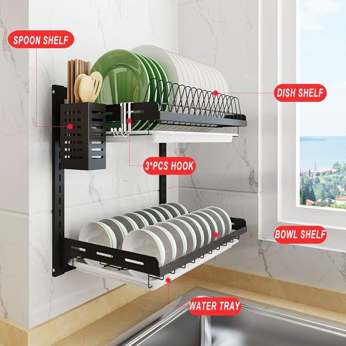 junyuan Kitchen Dish Rack,Hanging Dish Drying Rack Organizer Storage Shelf Over Sink,2 Tier Wall Mount Bowl Holder with Drain Tray and Silverware Stainless Steel Black Coating Ajustable Height - Image 2
