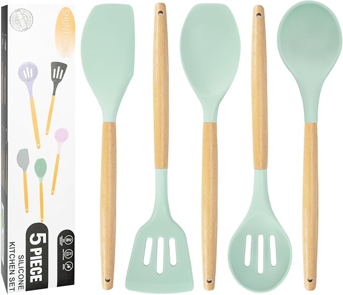Kitchen Utensils Set, 5 Pcs Non-Stick Silicone Kitchen Cooking Utensils with Wooden Handle, Kitchen Spatula Cookware Utensils Set, Heat Resistant Silicone Kitchen Gadgets (Light Green) by SHUNIKING