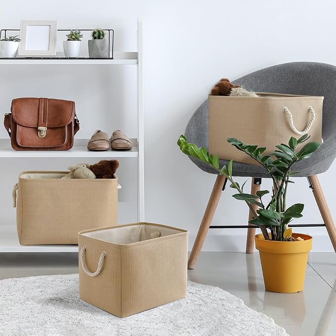 Organization and Storage Basket for Organizing - 3 Pack 16x12x12 inch Cube Fabric Storage Cubes, Storage Bin for Shelves Gift Closet Organizer Cloth Toy (Beige) - Image 2
