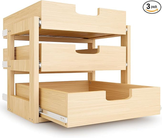 Pull Out Cabinet Organizer, 20''W×21''D×19''H Soft Close Slide Out Wooden Pull out Drawers, Three Tier Slide out Wood Cabinet Organizer, for Base Cabinet Organization in Kitchen, Pantry, Bathroom by GREHITK
