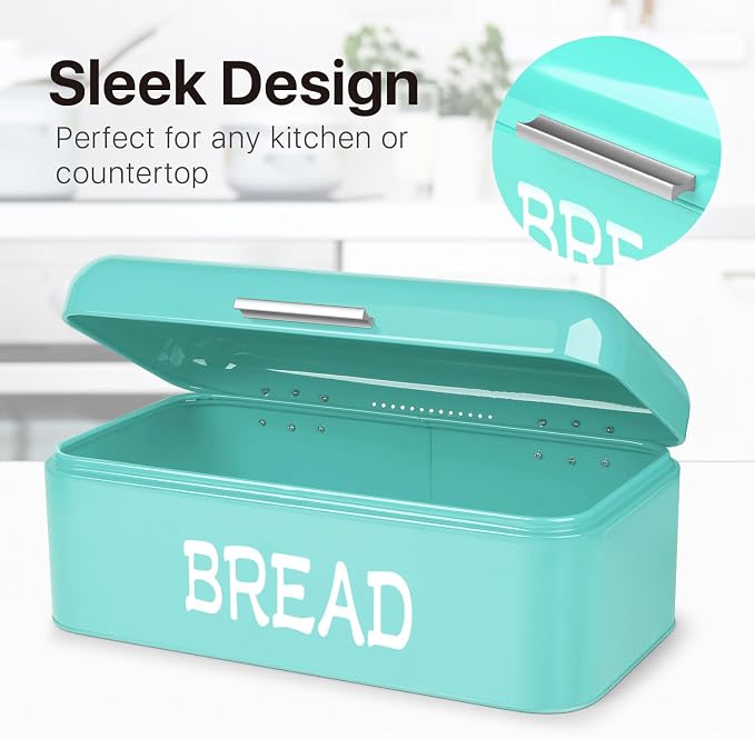 Flexzion Large Vintage Metal Bread Box for Kitchen Countertop, Turquoise | Bread Bin Storage Set Includes a White Butter Dish and Stainless Steel Butter Knife - Image 2