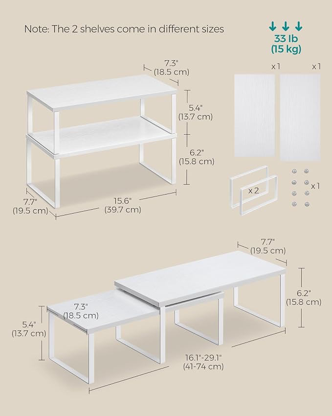 SONGMICS Cabinet Organizer Shelf, Set of 4 Kitchen Counter Shelves, Kitchen Storage, Spice Rack, Stackable, Expandable, Metal and Engineered Wood, Cloud White and Snow White UKCS028W01 - Image 6