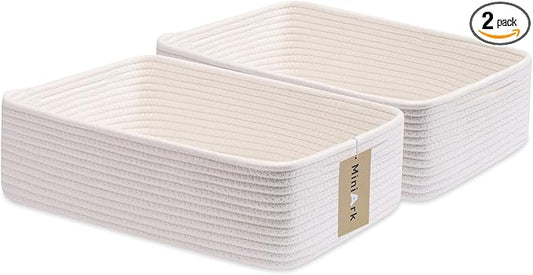 MiniArk Large Shallow Organizing Baskets 15x11x5.1 Inches - Rope Woven Storage Bins for Bathroom, Shelves, Cube Closet, Off White 2 Packs by MiniArkStorageBasketsHome