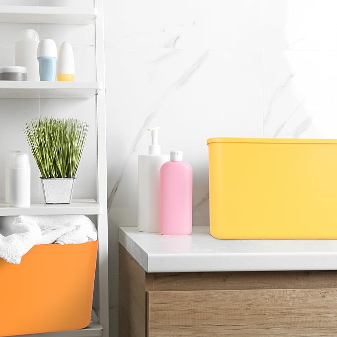 8 Pieces Colorful Storage Bins with Lid, Plastic Storage Basket Organizing Container Stackable Box with Handle for Shelves Desktop Playroom Office(16.1 x 12.0 x 9.7 Inch,Multi-colored) - Image 5