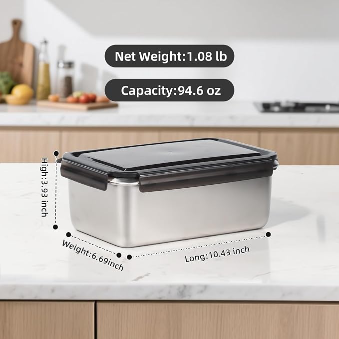 18/10 Stainless Steel Freezer Storage Containers With Lids, 94oz Food Container Leak Proof Metal Meal Prep Containers (2800ml) - Image 2