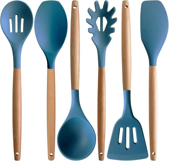 Silicone Cooking Utensils Set 6Pcs Heat Resistant Silicone Kitchen Utensils Set for Cooking Spatula Spoon Turner Ladle w Wooden Handle, BPA FREE Kitchen Gadgets for Nonstick Cookware & Baking by IOCBYHZ