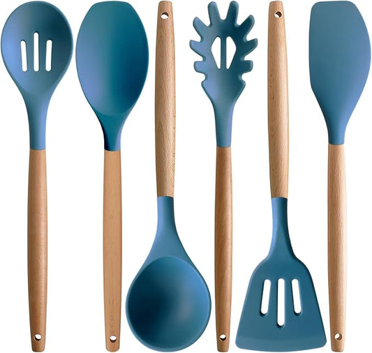 Silicone Cooking Utensils Set 6Pcs Heat Resistant Silicone Kitchen Utensils Set for Cooking Spatula Spoon Turner Ladle w Wooden Handle, BPA FREE Kitchen Gadgets for Nonstick Cookware & Baking by IOCBYHZ