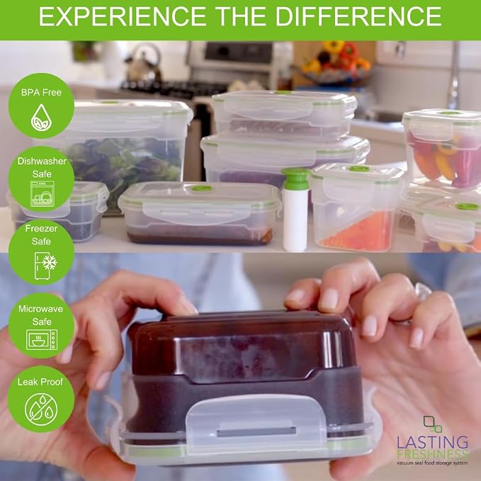 BPA-Free Plastic Vacuum Seal Containers with Hand Pump – Airtight Food Storage, Meal Prep & Pantry Organization, Preserves Freshness 5X Longer, 11-Piece Set - Image 4