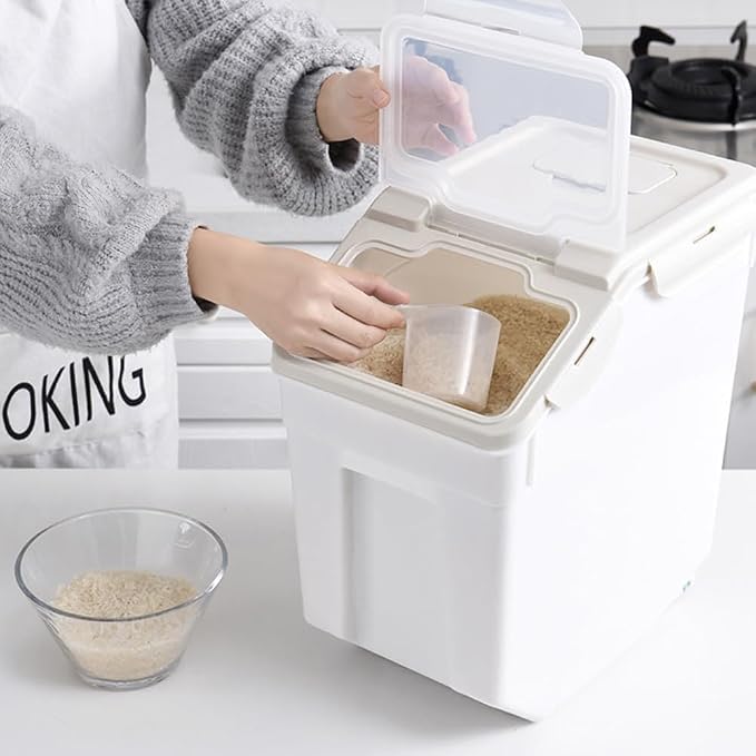 25LB Large Flour Storage Container Bin ,2 Pack Airtight Plastic with Wheels Seal Locking Lid Dispenser Organizer Storage Bin with Measuring Cup & Scoop for Flour, Rice, Grain 50LBS Total - Image 2