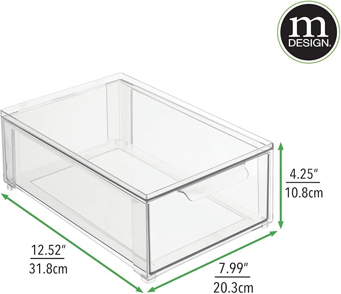 mDesign Plastic Stackable Closet Storage Organizer Bin Containers with Front Pull Drawer for Cabinet, Desk, Shelf, Cupboard, or Dresser Organization - Lumiere Collection - Set of 3 - Clear - Image 6