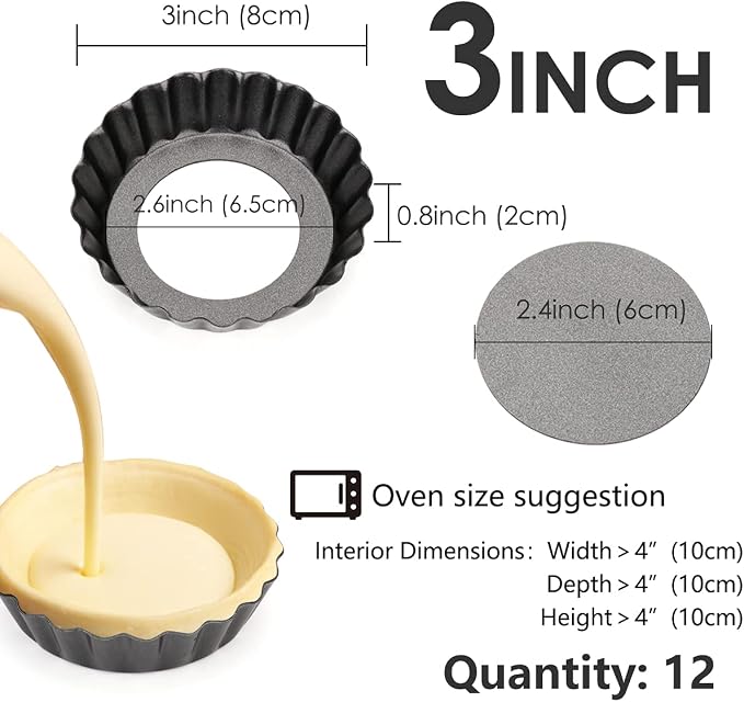 12 pcs Egg Tart Molds, 3 Inch Mini Tart Pans Removable Bottom, Cupcake Cake Muffin Mold Tin Pan Baking Tool, Reusable Quiche Bakeware Carbon Steel for Pies, Quiche, Cheese Cakes, Desserts,7.6CM - Image 2